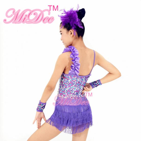 2 In 1 Jazz Tap Costumes Purple Sequin Dance Leotard Diagonal Ruffle Neck With Short Fringe Skirt