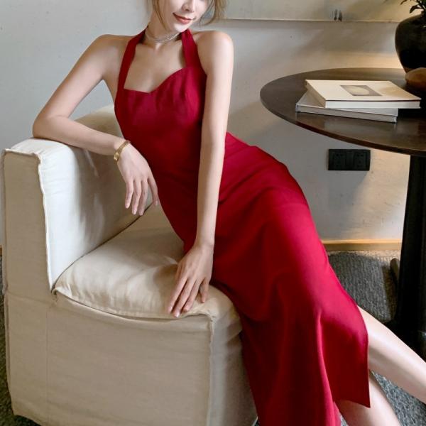 Backless Halter Neck Split Womens Vacation Dresses