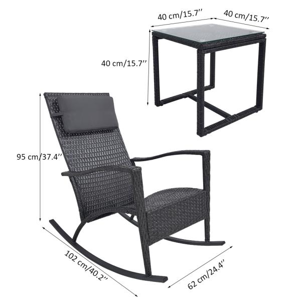 All-Weather PE Rattan Rocking Chair Set Outdoor Patio Conversation Wicker Rockers Tempered Glass Coffee Table for Balcony