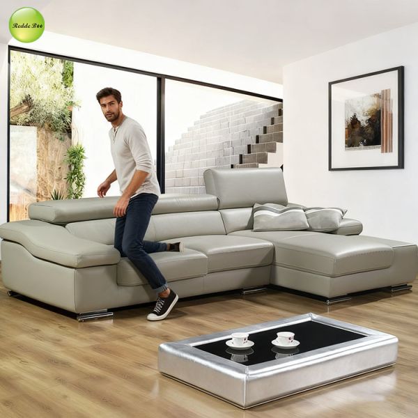 Light Grey Leather L - Shaped Sofa: Sleek, Plush – Elevate Modern Living Spaces