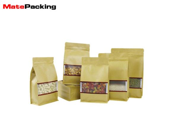 Clear Window Flat Brown Kraft Paper Bags Zipper Foil Lined 0.12mm Thickness For Nuts