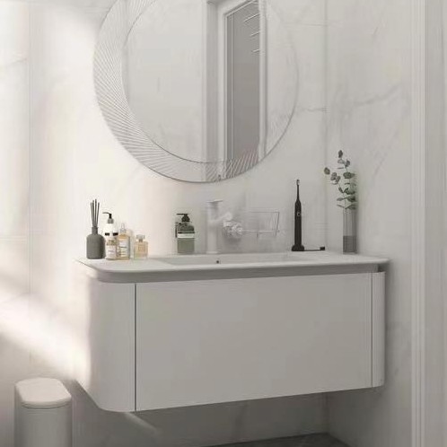 Wall Hung PVC Bathroom Cabinet Vanity With Vessel Sink Toilet White Rectangle 36 x 22