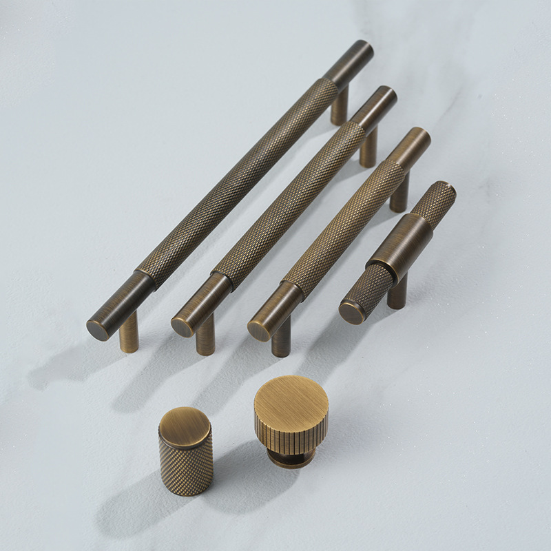 Modernity Minimalist Nordic Brass T-Bar Long Handle Adjustable Cabinet Wardrobe Door Hardware with Knurled Door Knob