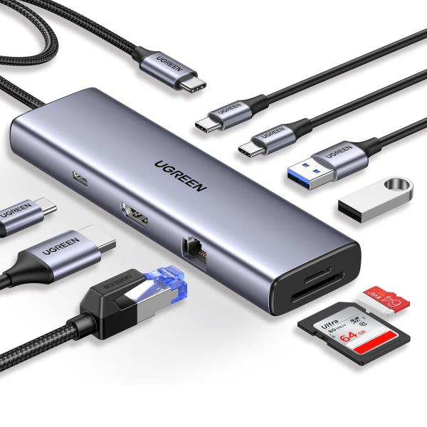 Revodok 9 en 1 USB C Hub Adaptateur Gigabit Ethernet 100W PD Chargement, Ports de données USB A&C, Lecteur de carte SD/TF