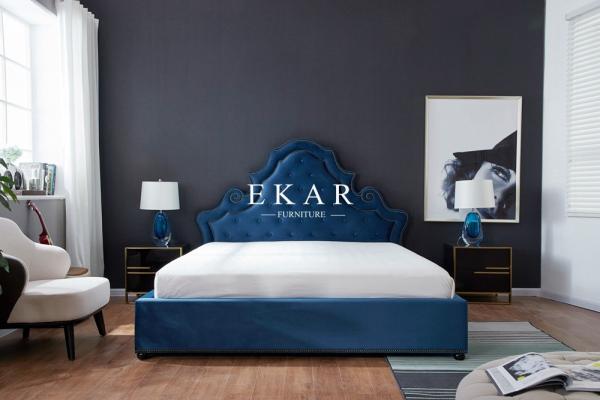 Contemporary Wood Blue Velvet Fabric Double Bed
