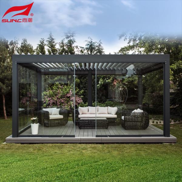 Jardim de alumínio controlado remotamente Pergola à prova de água e vento Gazebo ao ar livre