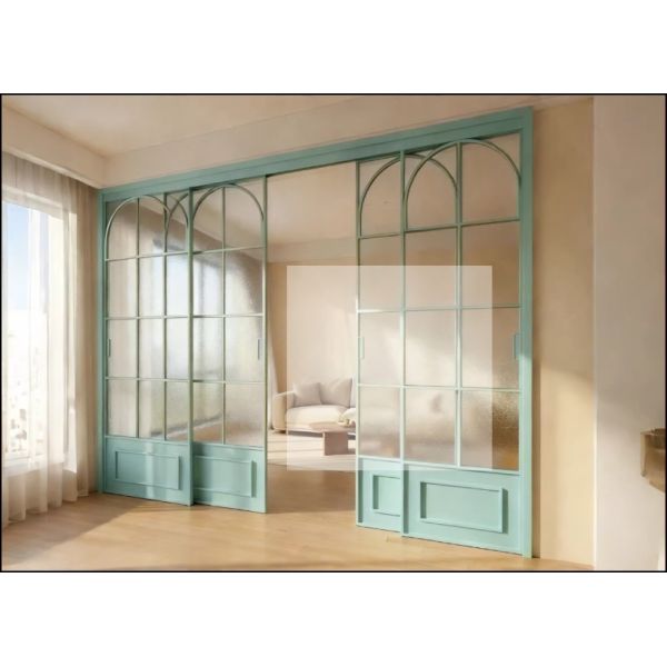 French vintage triple linkage glass door kitchen sliding door aluminum alloy partition door living room balcony floor rail sliding door