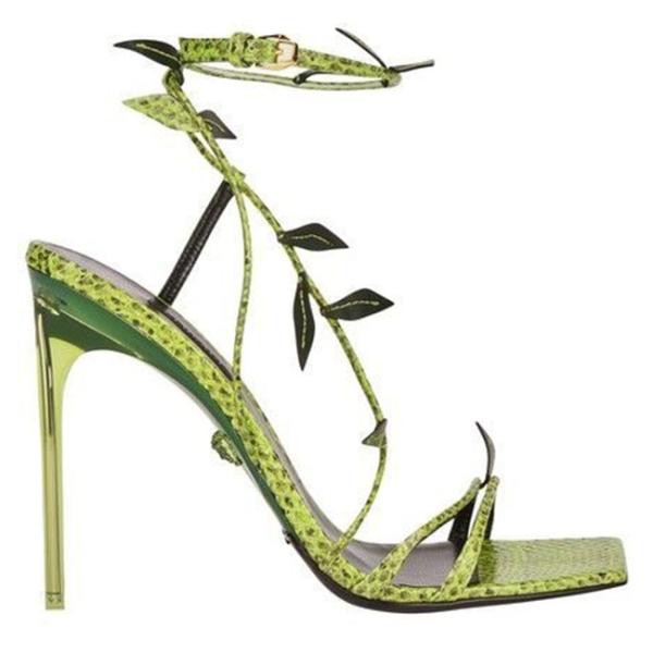 Papaya Green Pointed Toe Stiletto Heels Raffia Trims Open Toe Ankle Strap Sandals