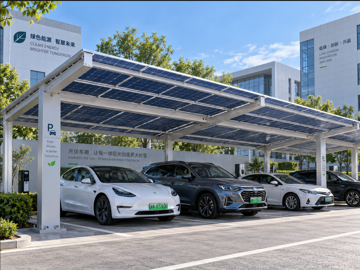 Custom AL6005-T5 Aluminum Solar Carport Mounting Structure for Commercial Parking, EV Charging and Photovoltaic PV Systems