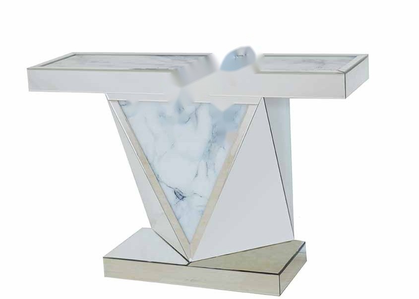Mirrored Surface Console Table with Marble Effect Special Glass - 120x37x78cm Entryway Table
