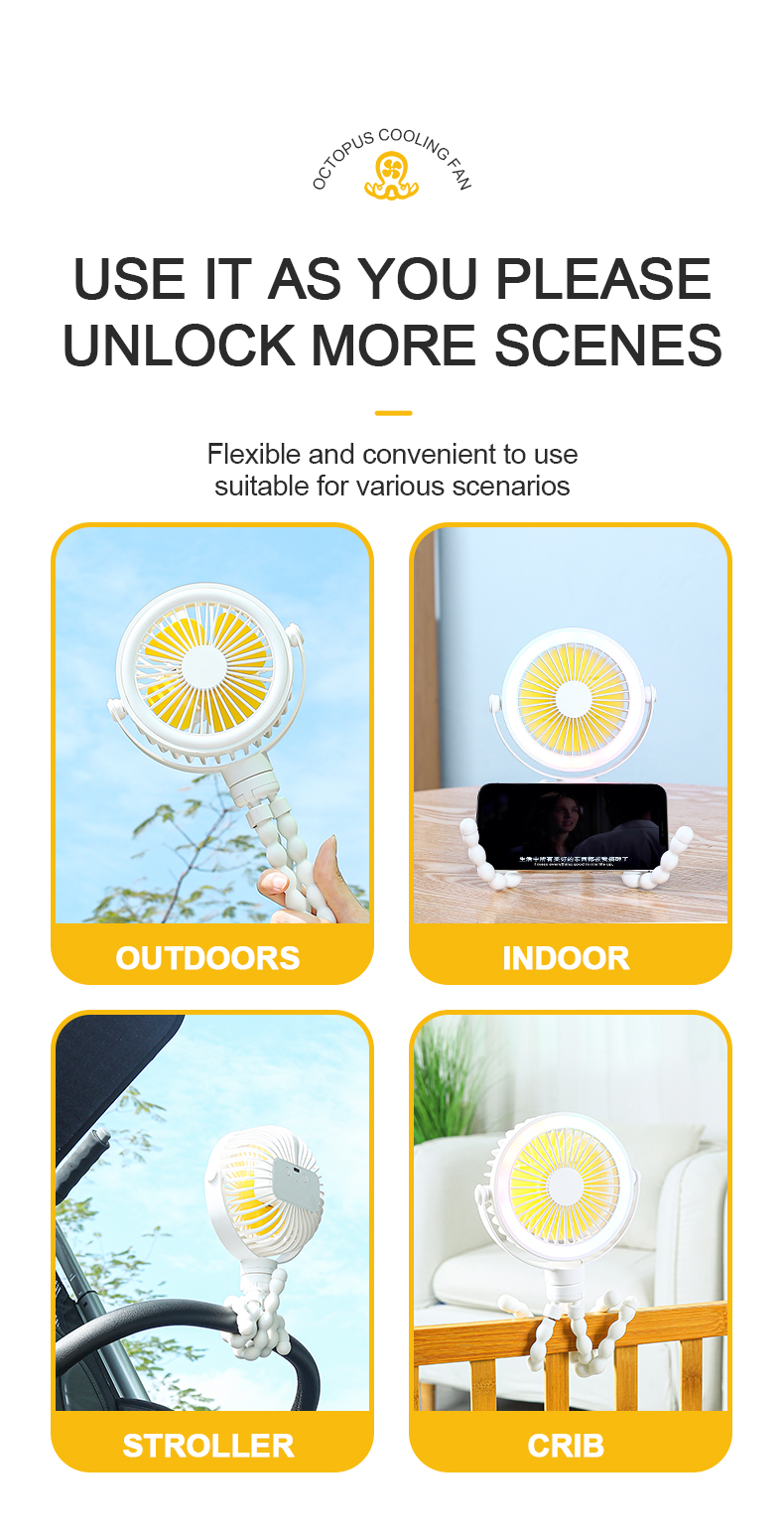 Wholesale Tailor Battery Capacity Flexible Arms Stand Rechargeable USB Portable Octopus Cooling Fan with LED Light