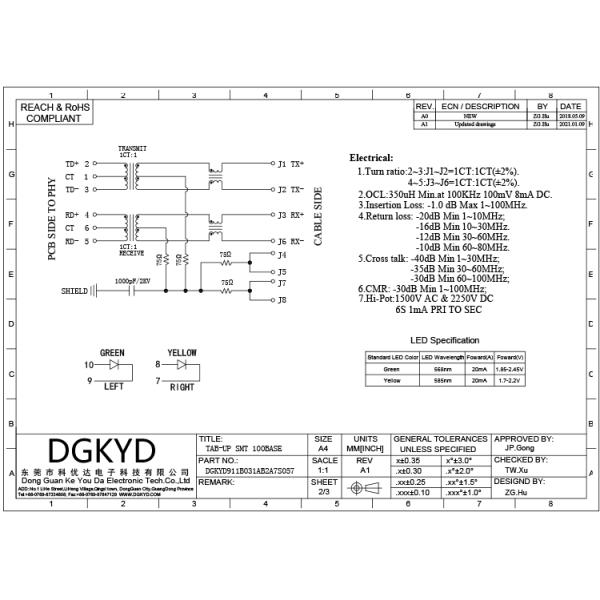 Соединитель Pcb Rj45 Джек локальных сетей DGKYD911B031AB2A7S057 с СИД