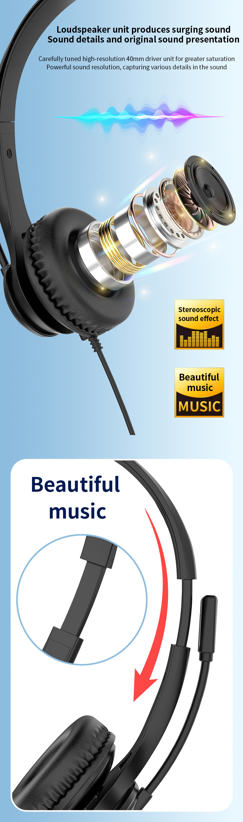 JTY-1225 Head mounted wired headphones with microphone, desktop laptop, online learning, office, customer service, call headset 3.5mm/Type-C/USB plug, supporting OEM/ODM customization service