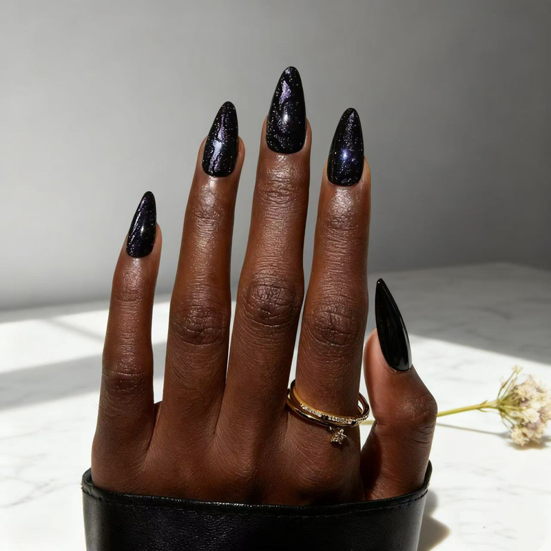 Black Purple Galaxy Cat Eye Nails Magnetic 24pcs Long Almond Nails
