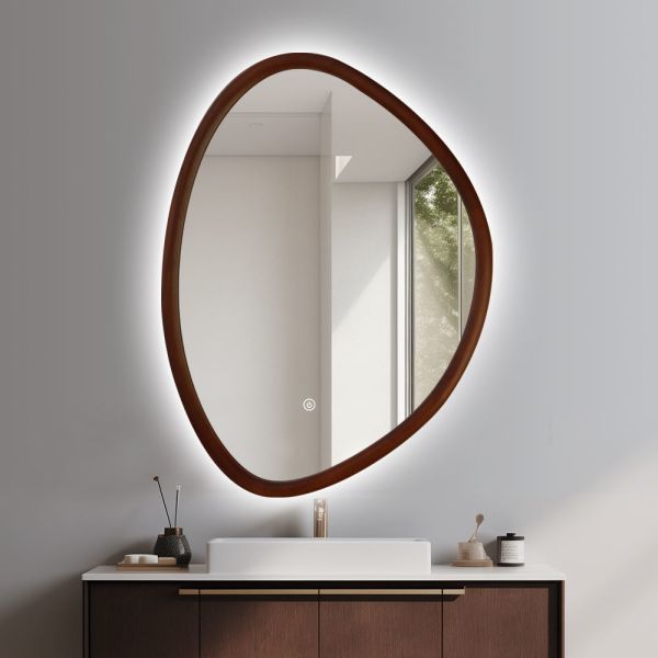 Walnut Color Wood Frame LED Mirror Illuminated Bathroom Decorative Mirror