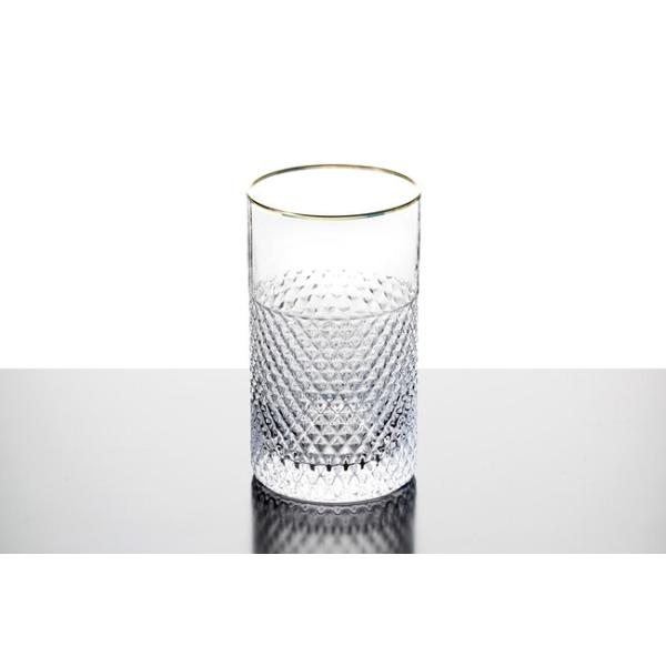 Diamond Cut Highball Glass Drinking Cups Gold Silver Rimmed 18 Ounce Mouth Blown