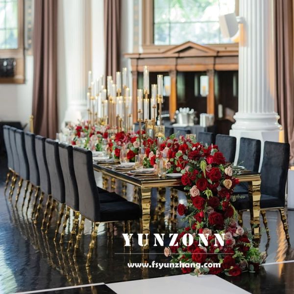 Hotel Hall Restaurant Furniture Metal Frame 8 Seater Glass Dining Table with Chair