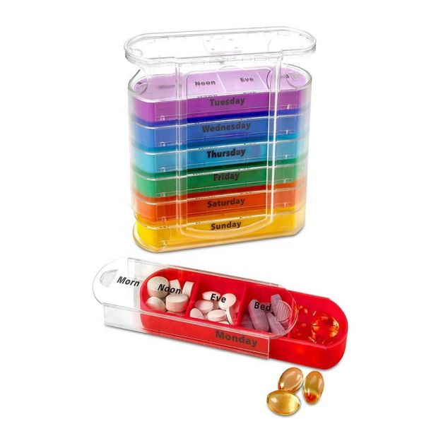 7 Days Plastic Pill Storage Cases Organizer Medicine Storage Dispenser Weekly 7 Days Pill Box 28 Compartments for Home Travel