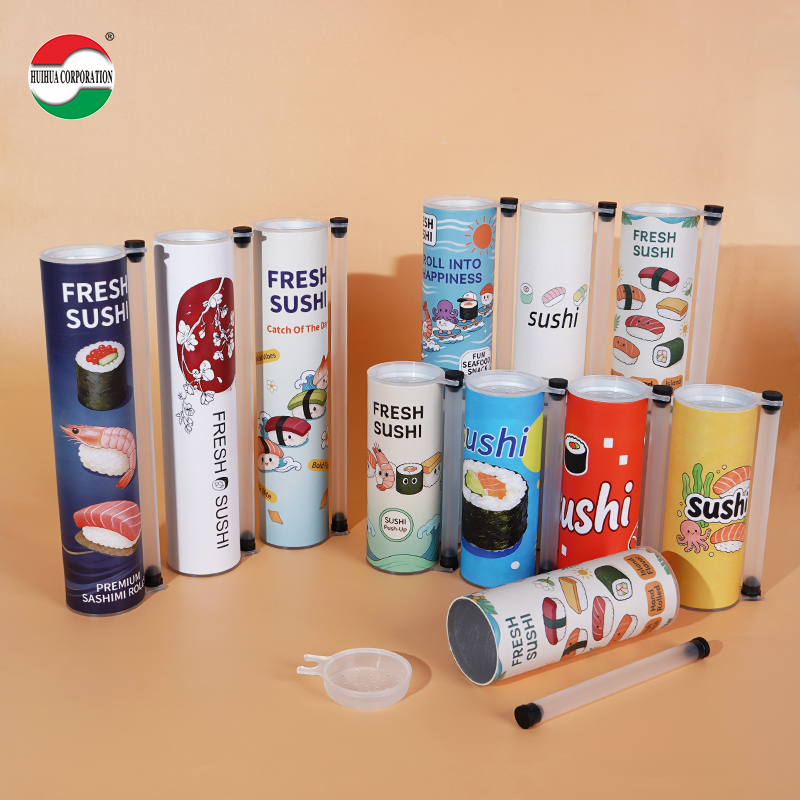Custom Printed Push Up Sushi Paper Tube Packaging Food Grade Cylinder Can With Soy Sauce Tube Holder