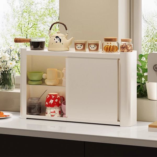 2025 3-Layer Metal Desktop Mug Storage Rack Dustproof Sliding Door Spice Cabinet for Living Room Kitchen Coffee Cup Display