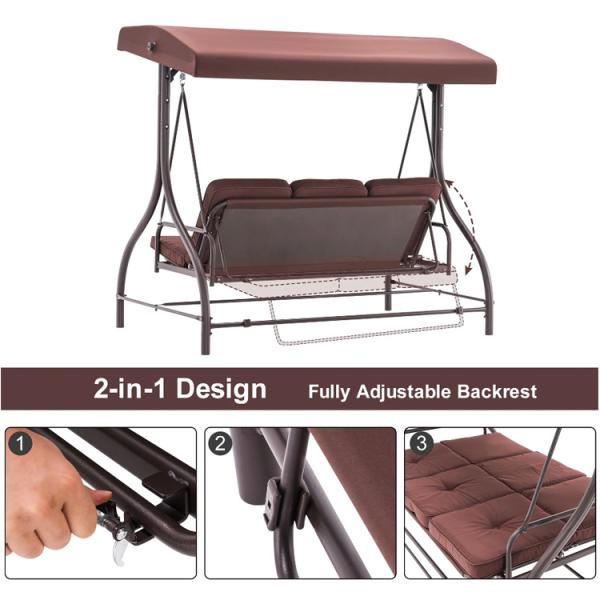 Outdoor Garden 3 Seats Swing Chair with Canopy and Adjustable Folding Steel Lounger Bed