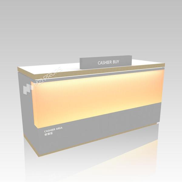 Gray Wooden Check-out Counter with Soft Light Strip for Cosmetic Shop Design and Retail Shop Decoration