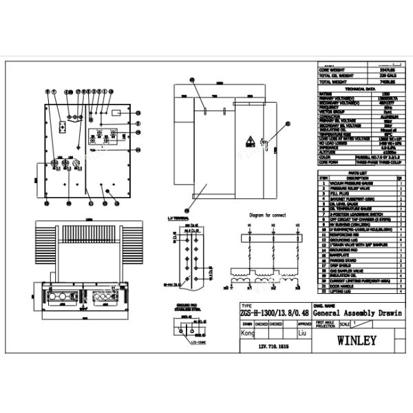 Transformador de distribución sumergido en aceite de tres fases de 1300Kva con certificación UL