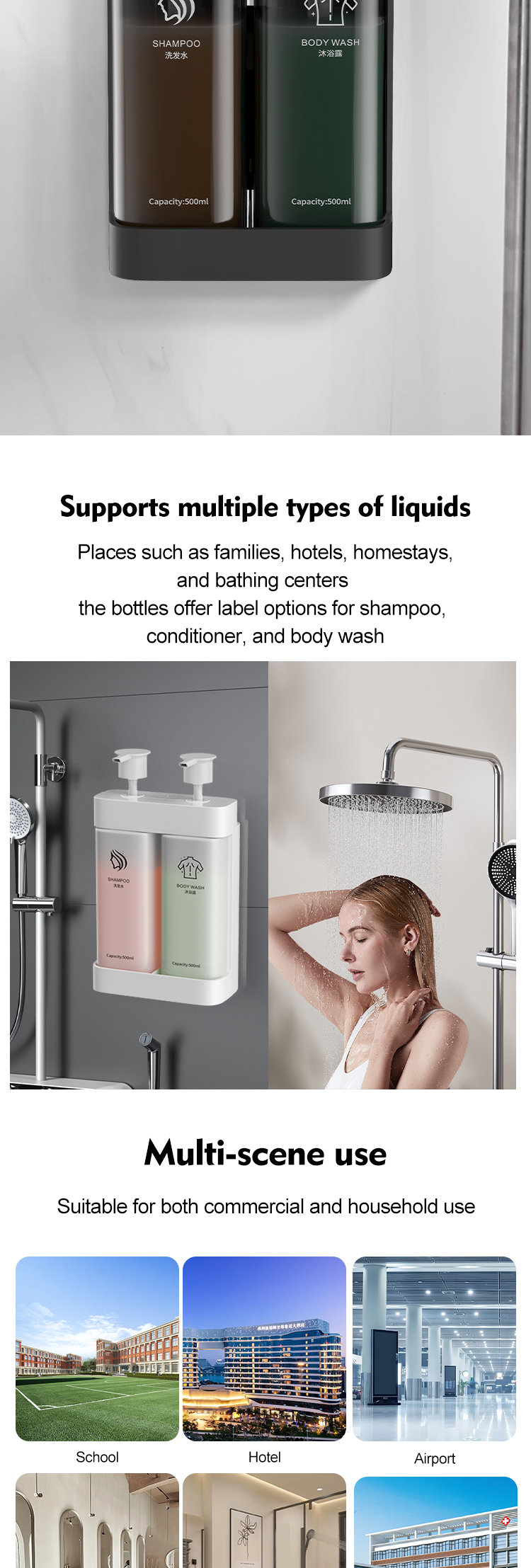 No Drilling Refillable Wall Mounted Soap Dispenser with Custom Logo for Hotels and Resorts