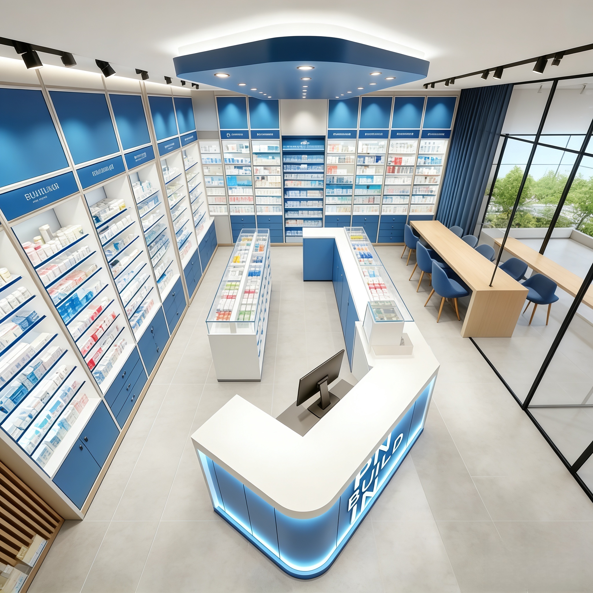 Custom Medical Retail Wall Shelving and Pharmacy Showcase Cabinets for Drugstore Interior Furniture Design
