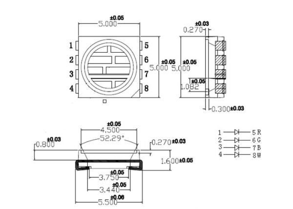 Full Color Rgb SMD LED 5050 Top View 1.60mm 25mA Large Viewing Angle Optical Indicator for light pipe