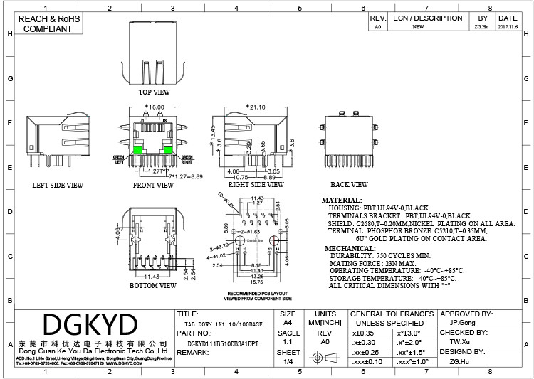 Соединитель RJ45 DGKYD111B510DB3A1DPT одиночный гаван горизонтальный интегрировал штифт POE фильтра трансформатора вниз