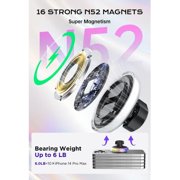 15W de carga rápida montaje magnético para automóviles con ventilador de enfriamiento silencioso y luz estelar para automóviles