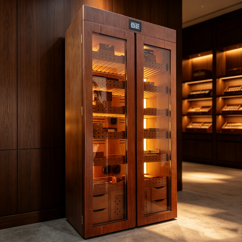 Dual Door Solid Wood Frame Cabinet Cigar Cooler Humidifier With LED Lighting