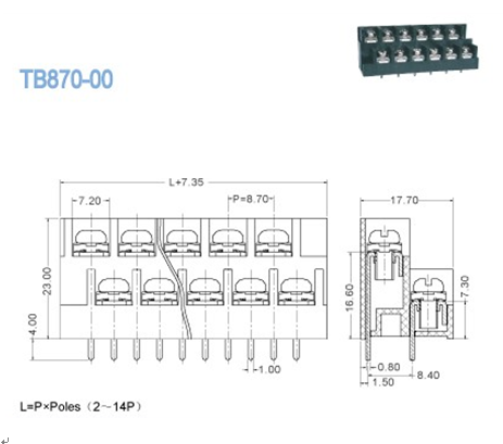 Соорудите блоки силы терминальных блоков барьера × 2P × 2 до 14 8.70mm 250V 15A 2 терминальные