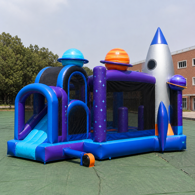 Commercial Cosmic Rocket Inflatable Bouncer Slide with Space Decorations Safety Mesh and Soft Landing Area