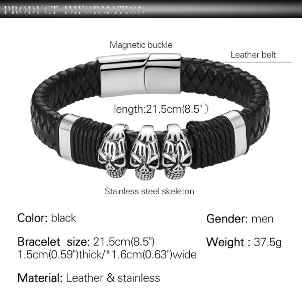 Customization fashion jewelry black leather bracelet magnetic stainless steel bracelet