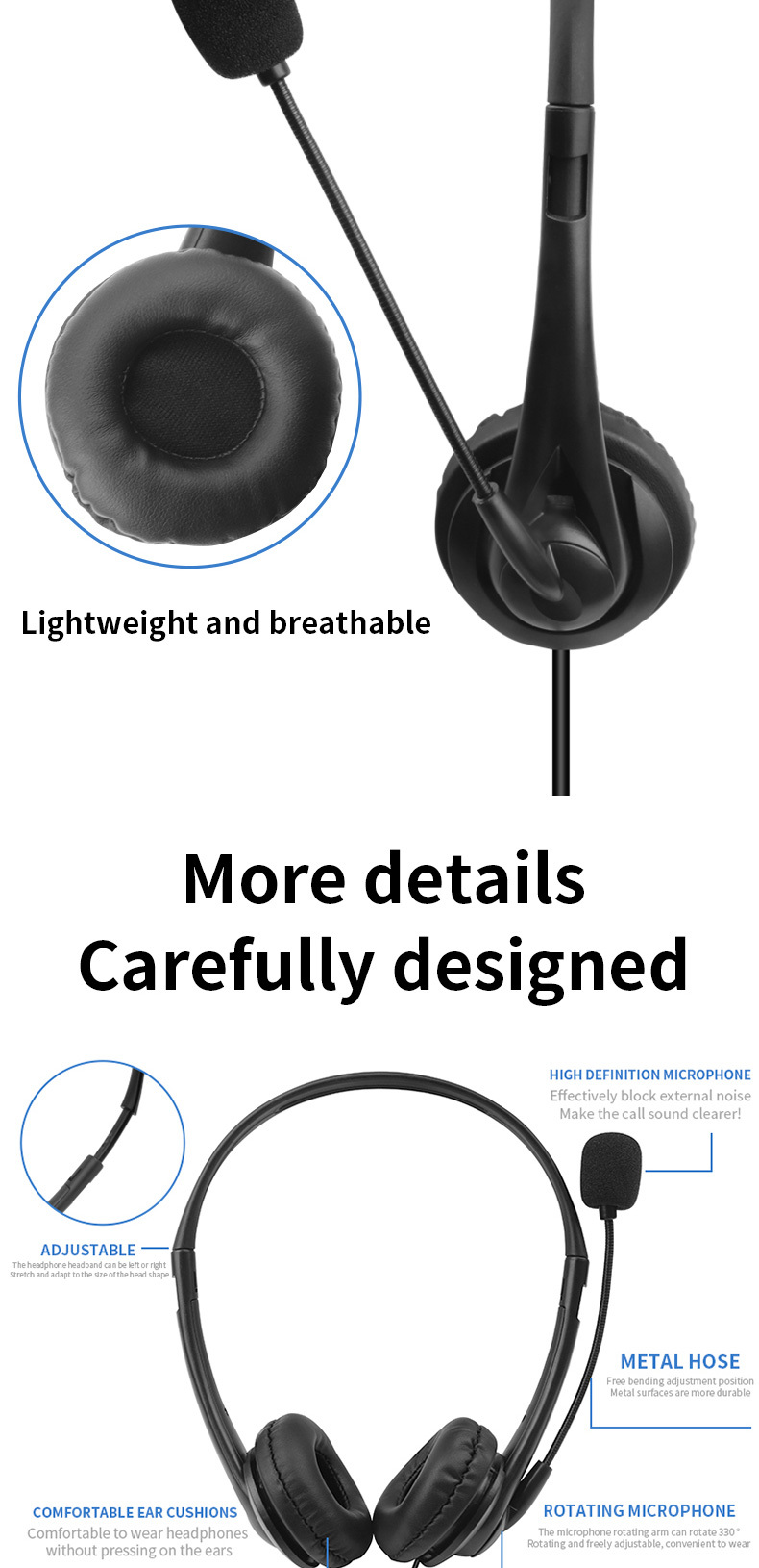 JTY-430 professional call center earphones with microphone, multiple plugs USB/Type-C/3.5mm wired earphones, comfortable to wear earphones, suitable for online learning and business conference calls
