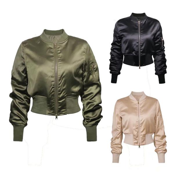 Shinny Satin Short Polyester Baseball Jacket , Military Bomber Jacket Mens