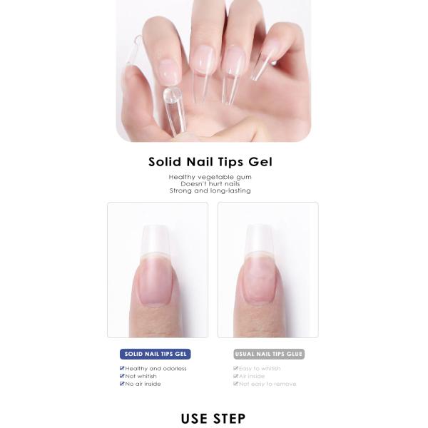 Pegamento de gel sólido vegano para puntas de uñas en frasco, 8-free, postizas, falsas, de remojo, de gel suave, para extensión de uñas, aplicador, de larga duración