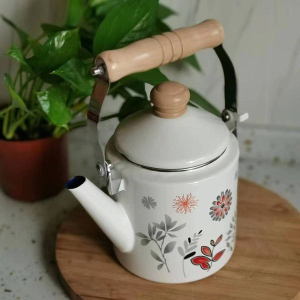 Flower Theme Enamel Tea Kettle On Steel With Wood Handle And 201 Stainless Steel Rim