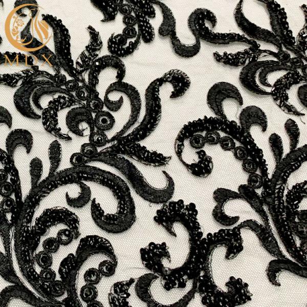 Garment Black Embroidered Handmade Lace Fabric Pearls Decoration