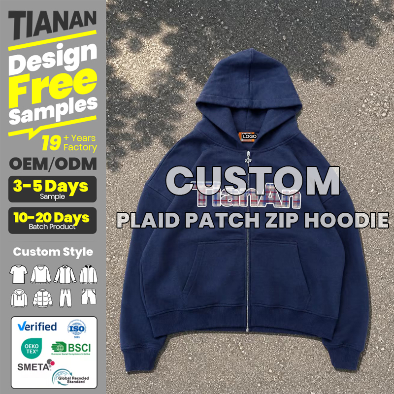 Navy Zip Up Hoodie | Plaid Fabric Patch Letter Logo Oversized Fleece Jacket | Unisex Vintage Streetwear Hooded Top