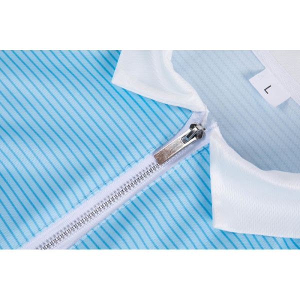 Unisex Sky Blue Micro-Stripe Half-Zip Polo Shirt with Breathable Fabric and Contrast Collar