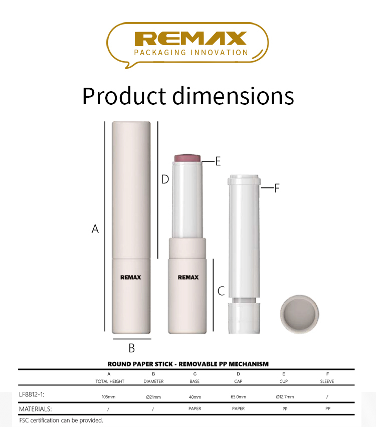 Custom Logo 6g Paper Lipstick Tube Eco-Friendly Empty Container Recyclable Cosmetic Packaging for Lip Balm