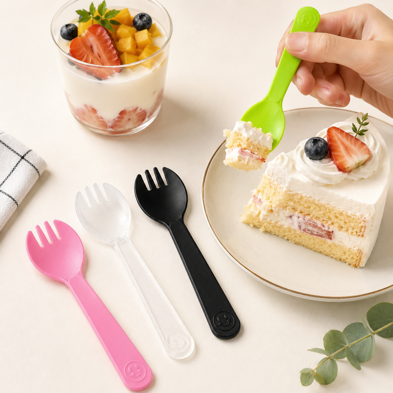 Desserts Parties Food Sampling Disposable Tableware Smiley Cake Spork 115mm
