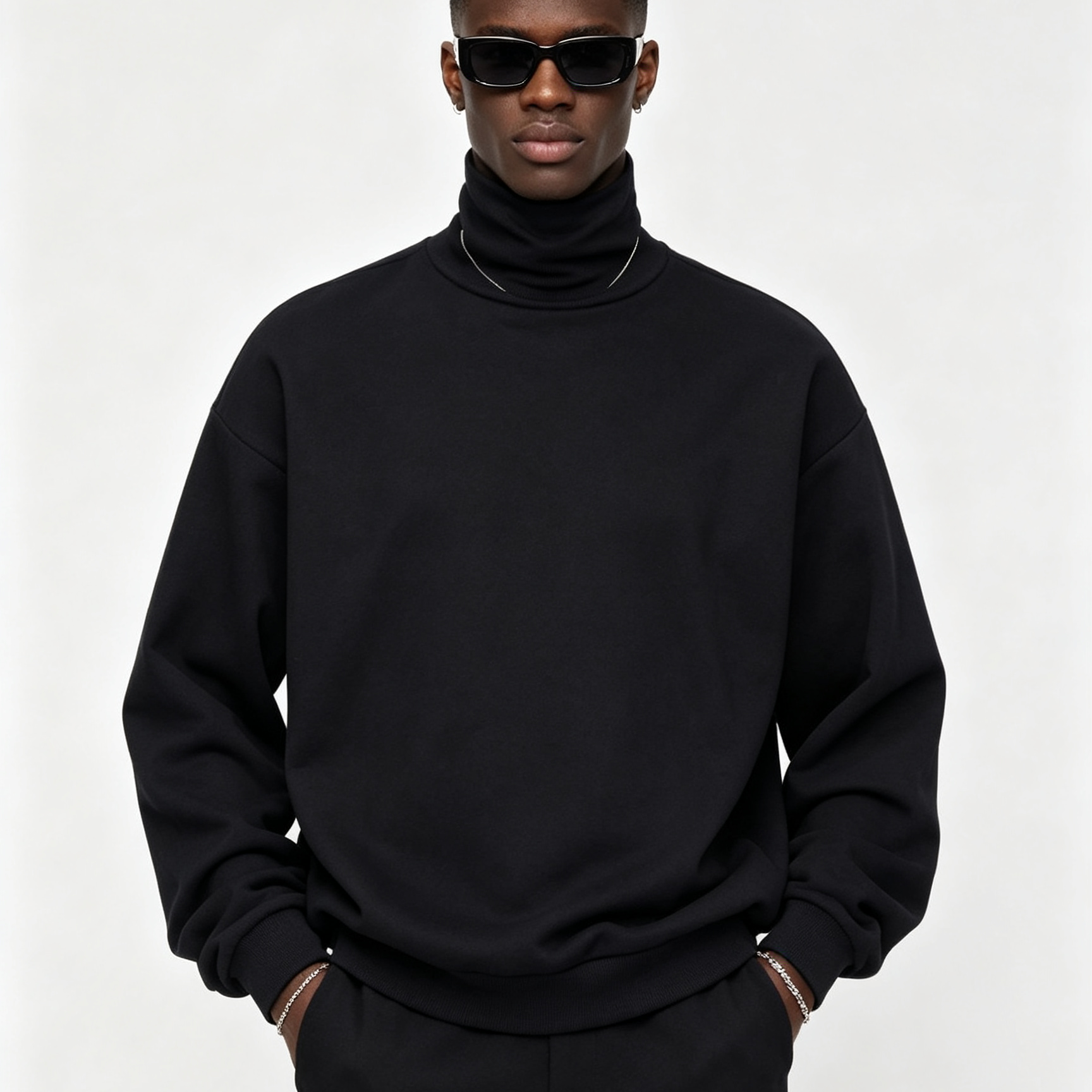 305GSM Turtleneck Long Sleeve Shirt Oversized Drop Shoulder Brushed Long Sleeve Tee Double-Sided Fabric