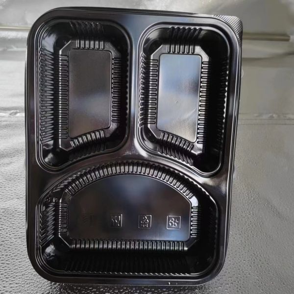 Customized disposable 3 compartment PP microwave black lunch box with lid