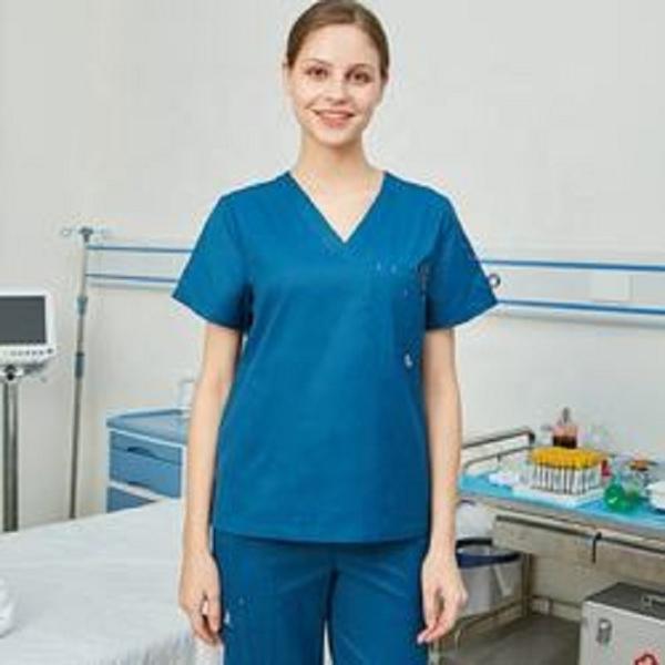 Strech Solid Color Hospital Scrub Suit Blue Medical Custom Logo