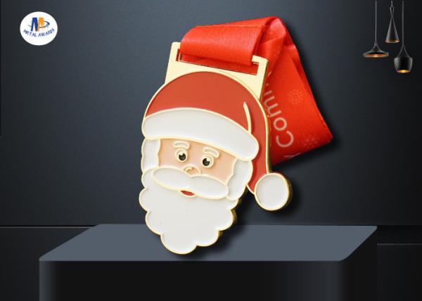 Santa Claus And Christmas Metal Stock Medals With Enamel And Sublimated Ribbon