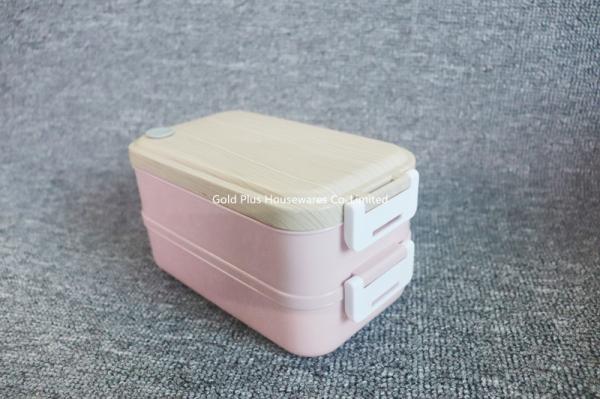 Tableware double layer stailness steel insulated lunch box PP plastic bento food box with wooden style lid